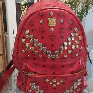 MCM Red and Gold Backpack with Studded Design